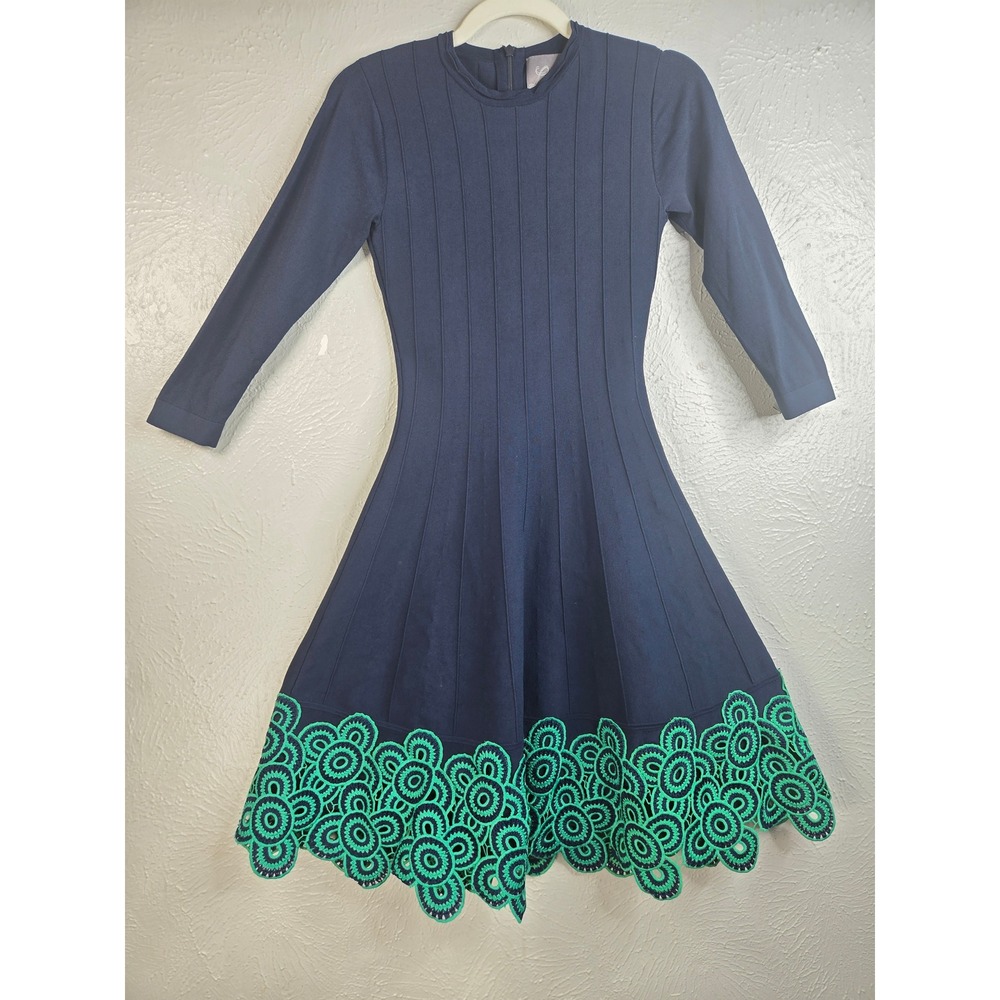 Lela Rose Fit and Flare Long Sleeve Dress XS Navy Blue Knit Green Embroidered